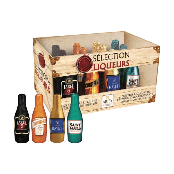 12 bottle-shaped dark chocolates filled w/ liqueurs, crate · 155g (5.5 oz)- Abtey