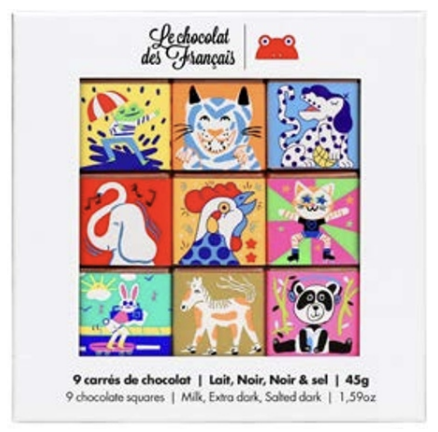Box of 9 Chocolate squares, animals, bio · 45g - Le Chocolat des Francais