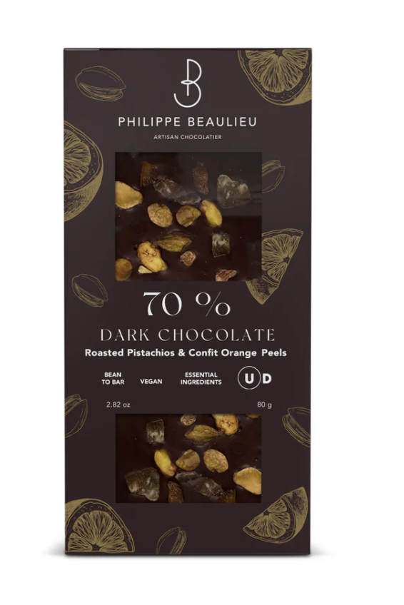 70% Dark Chocolate Orange Confit, Roasted Pistachios - Philippe Beaulieu Artisan Chocolatier