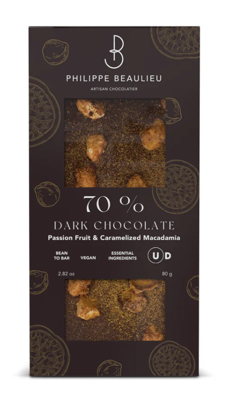 70% Dark Chocolate Passionfruit, Caramelized Macadamia - Philippe Beaulieu Artisan Chocolatier