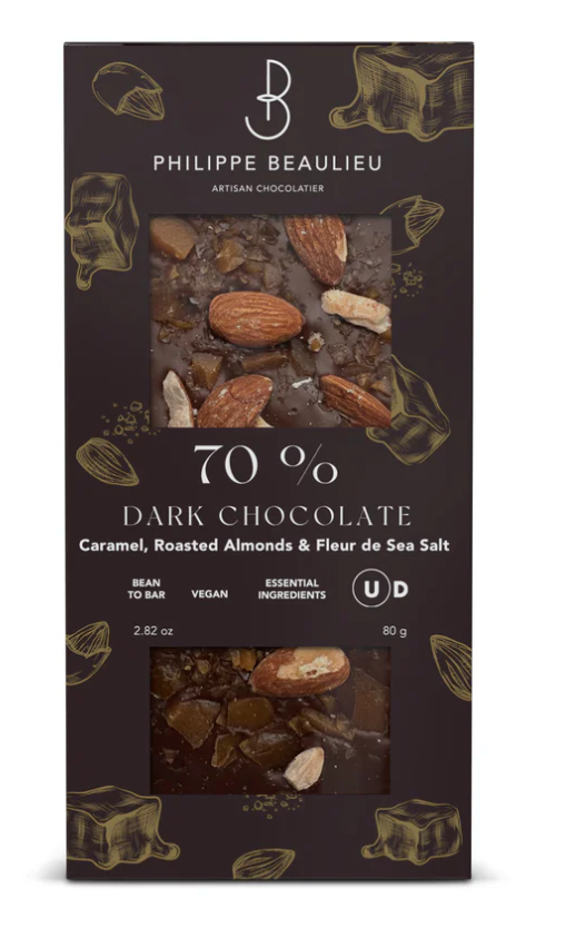 70% Dark Chocolate Roasted Almonds, Crunchy Caramel and Fleur de Sea Salt - Philippe Beaulieu Artisan Chocolatier