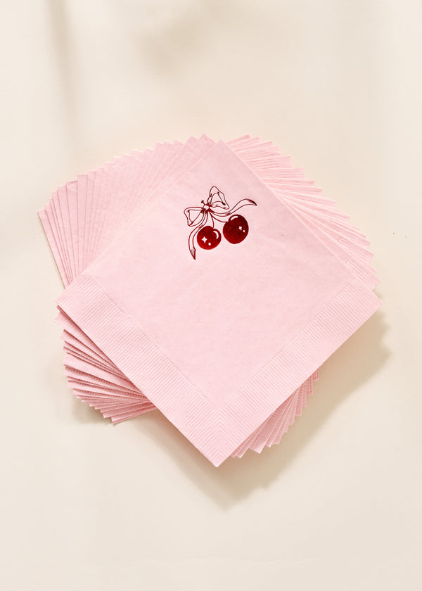 Red Cherries with Bow On Pink Napkins - One & Only Paper