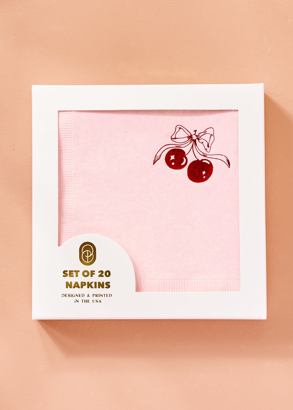 Red Cherries with Bow On Pink Napkins - One & Only Paper