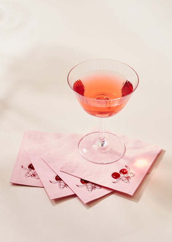 Red Cherries with Bow On Pink Napkins - One & Only Paper