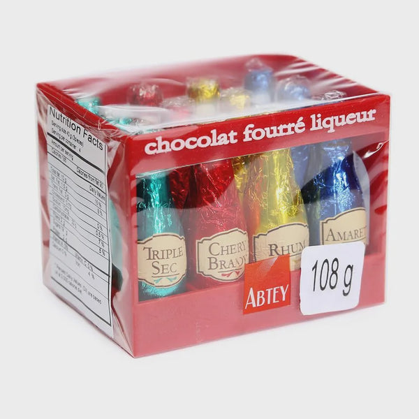 12 bottle-shaped dark chocolates filled w/ assorted fruit liqueurs, crate · 108g (3.8 oz)- Abtey