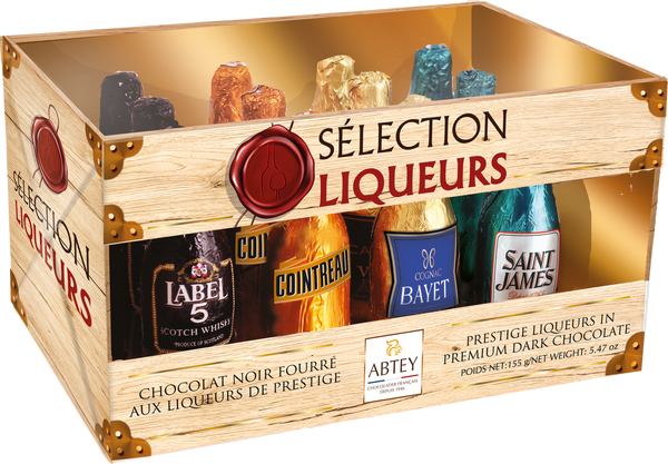12 bottle-shaped dark chocolates filled w/ assorted fruit liqueurs, crate · 108g (3.8 oz)- Abtey