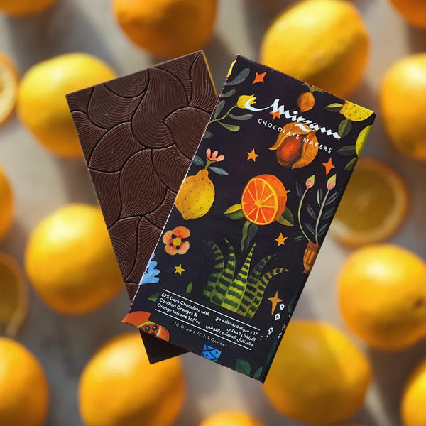 Mirzam 62% Candied Oranges & Orange Infused Toffee 70g - Mirzam Chocolate