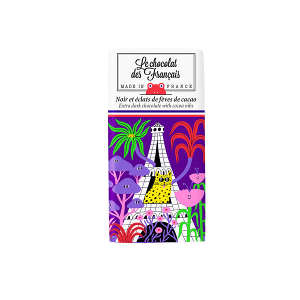 Dark choc bar w/ cocoa nibs, la Tour Eiffel sauvage bio 30g - Le Chocolat des Francais