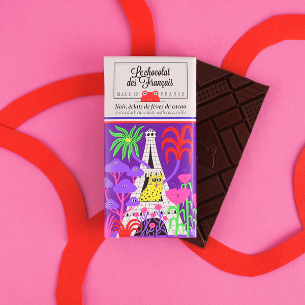 Dark choc bar w/ cocoa nibs, la Tour Eiffel sauvage bio 30g - Le Chocolat des Francais